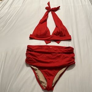 J. Crew - High Waisted Ruched Bikini Bottoms & Halter Top Swimsuit in Cherry Red